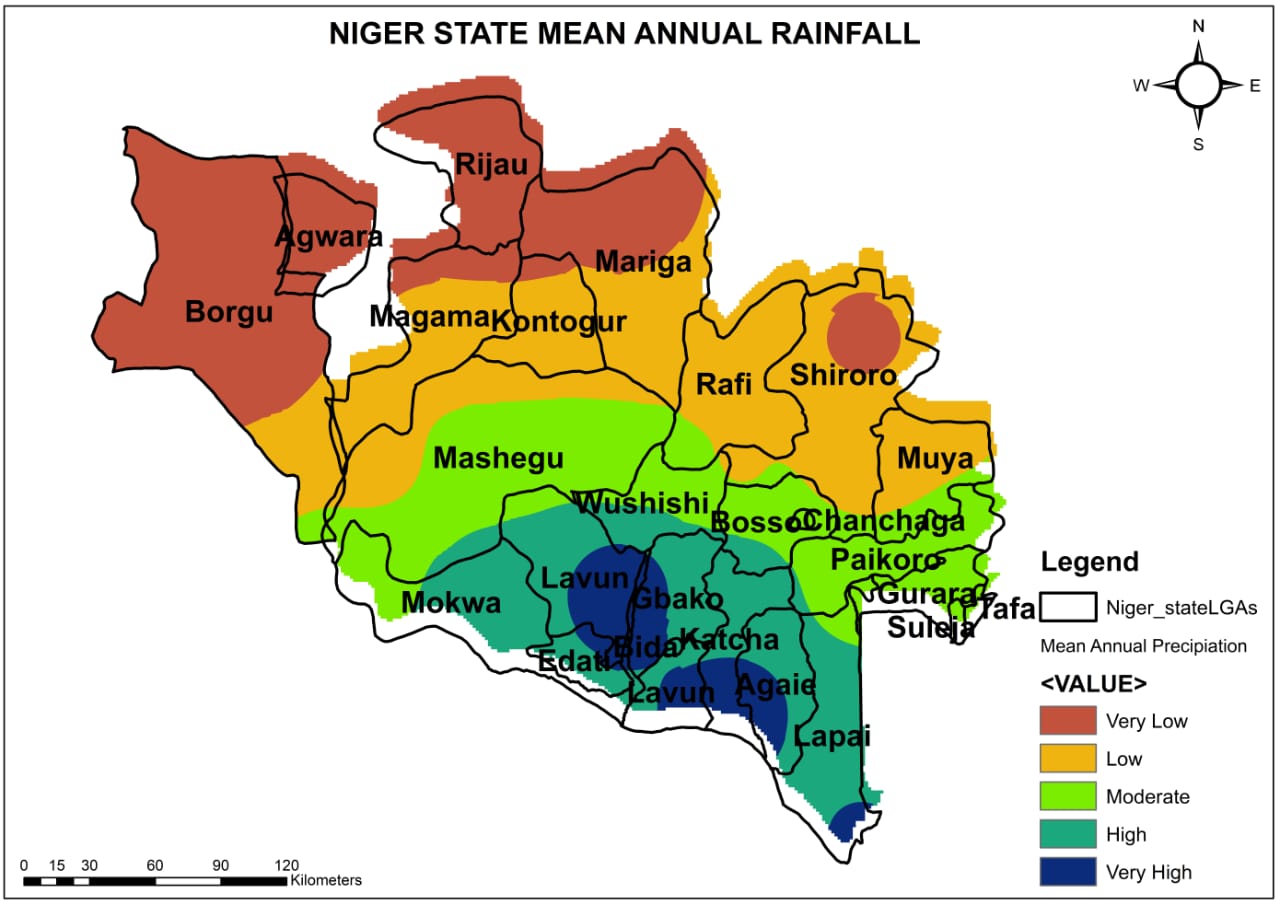 Niger State mean annual rainfall map showing all Local Government Areas